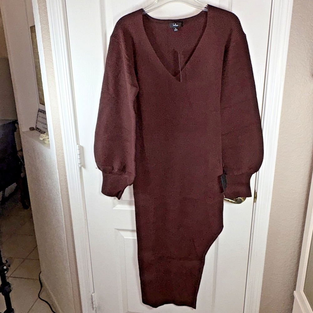 Lulu's Women's XL Long Sweater Dress Rich Brown Bodycon V-Neck Balloon Sleeves S